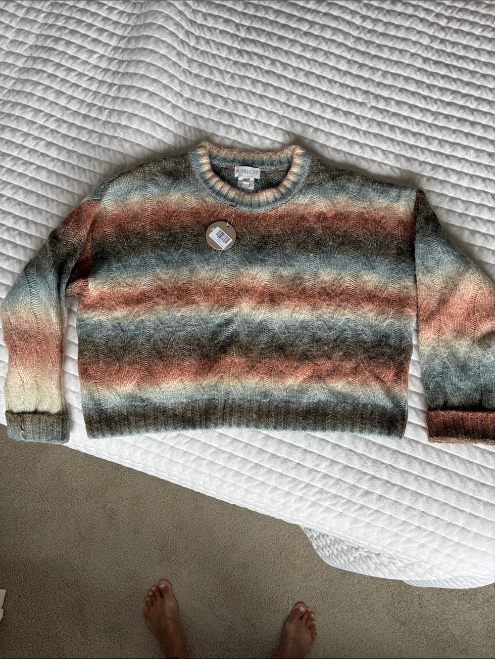 APRICOT Multicolor Striped Crewneck Sweater — Rust, Teal, Cream